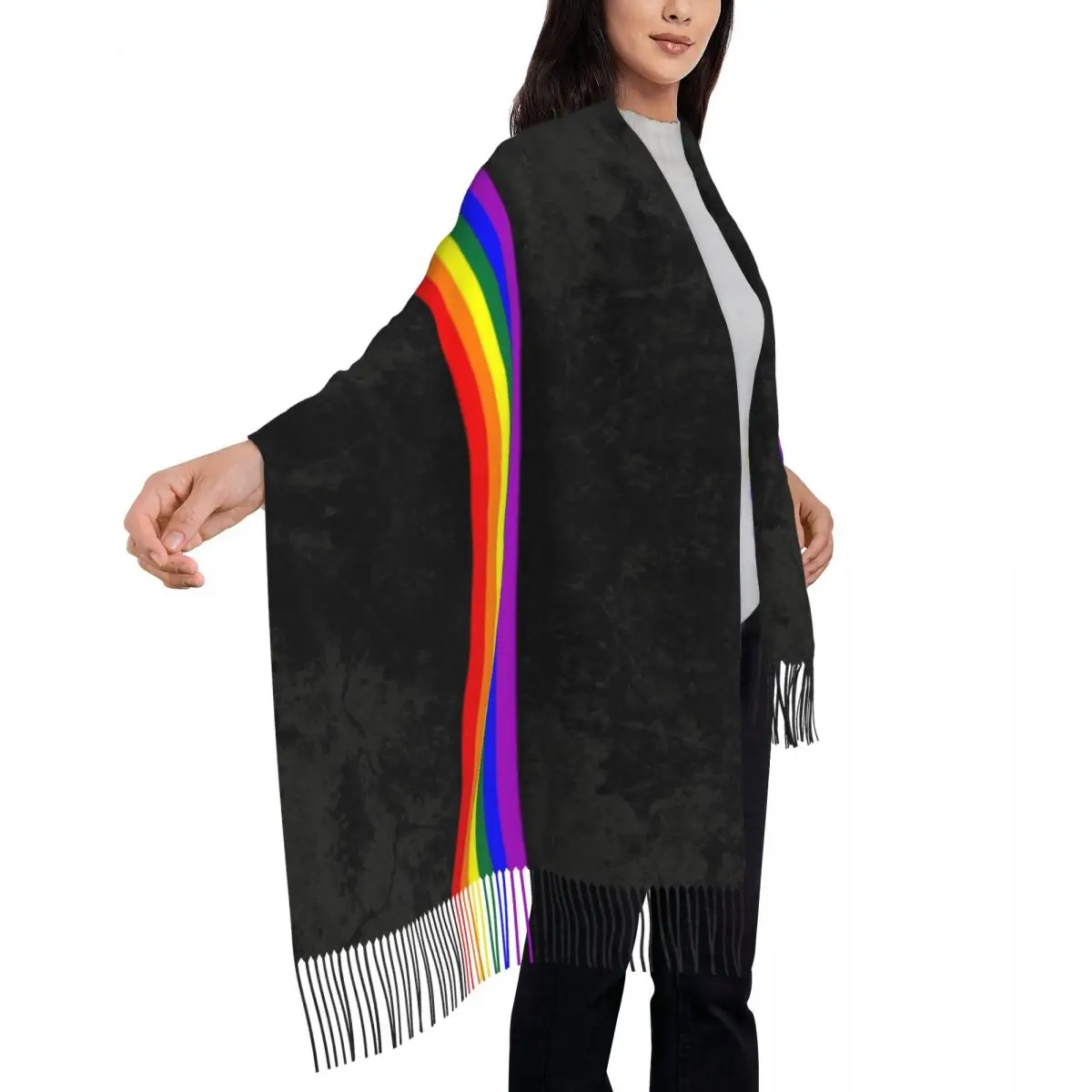 Distressed LGBTQ Pride Flag Stripe ผ้าพันคอผู้หญิงฤดูหนาวผ้าคลุมไหล่ LGBT เกย์เลสเบี้ยนพู่ Wraps