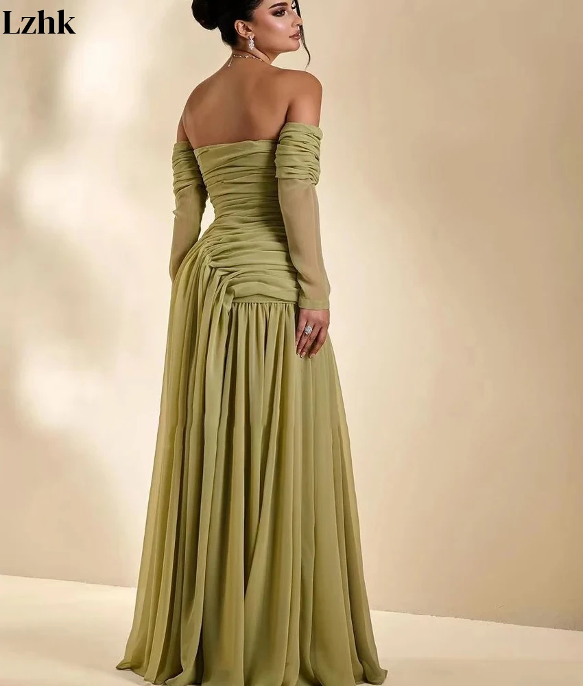 Vestido de noche personalizado de gasa Sexy con hombros descubiertos, vestidos de fiesta hasta el suelo de manga larga sin tirantes de alta calidad