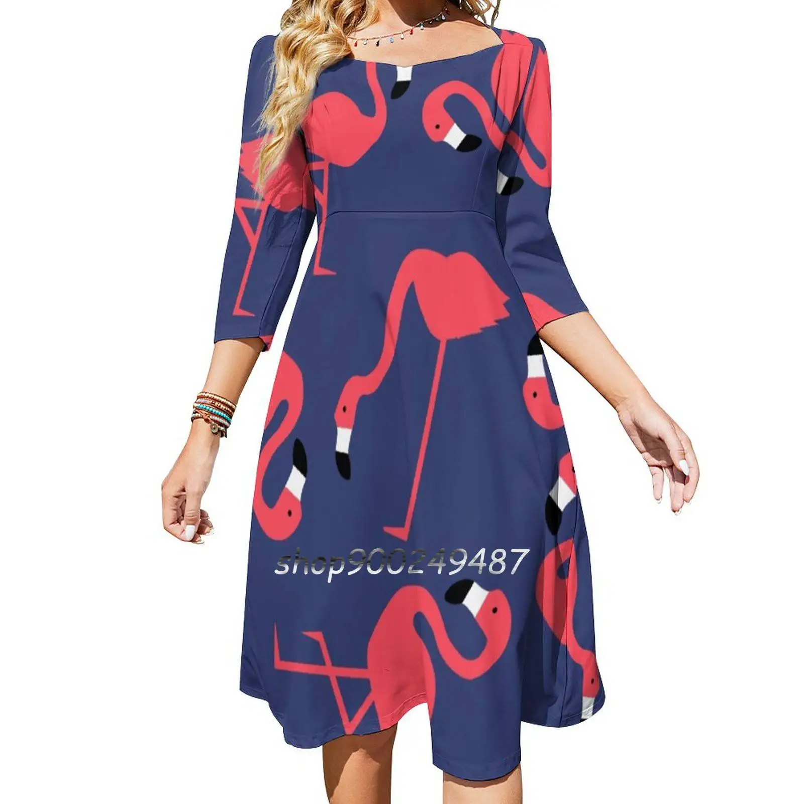 Fluorescent Flamingos Flare Dress Square Neck Dress Elegant Female Fashion Printed Dress Colorful Cute Fashion Fluor Flamingo