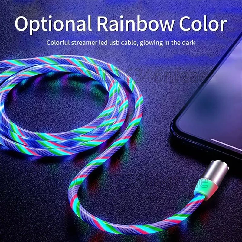 Magnetic Flow Luminous Lighting Charging Mobile Phone Cable Cord Charger Wire For Samsung Xiaomi LED Micro USB Type C Cable