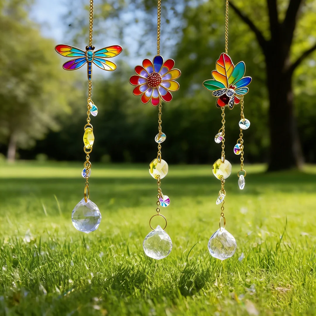 3pcs Sunshine Catcher, 2D flat printed pattern, paired with sparkling crystal glass, ideal choice for outdoor garden, balcony, w