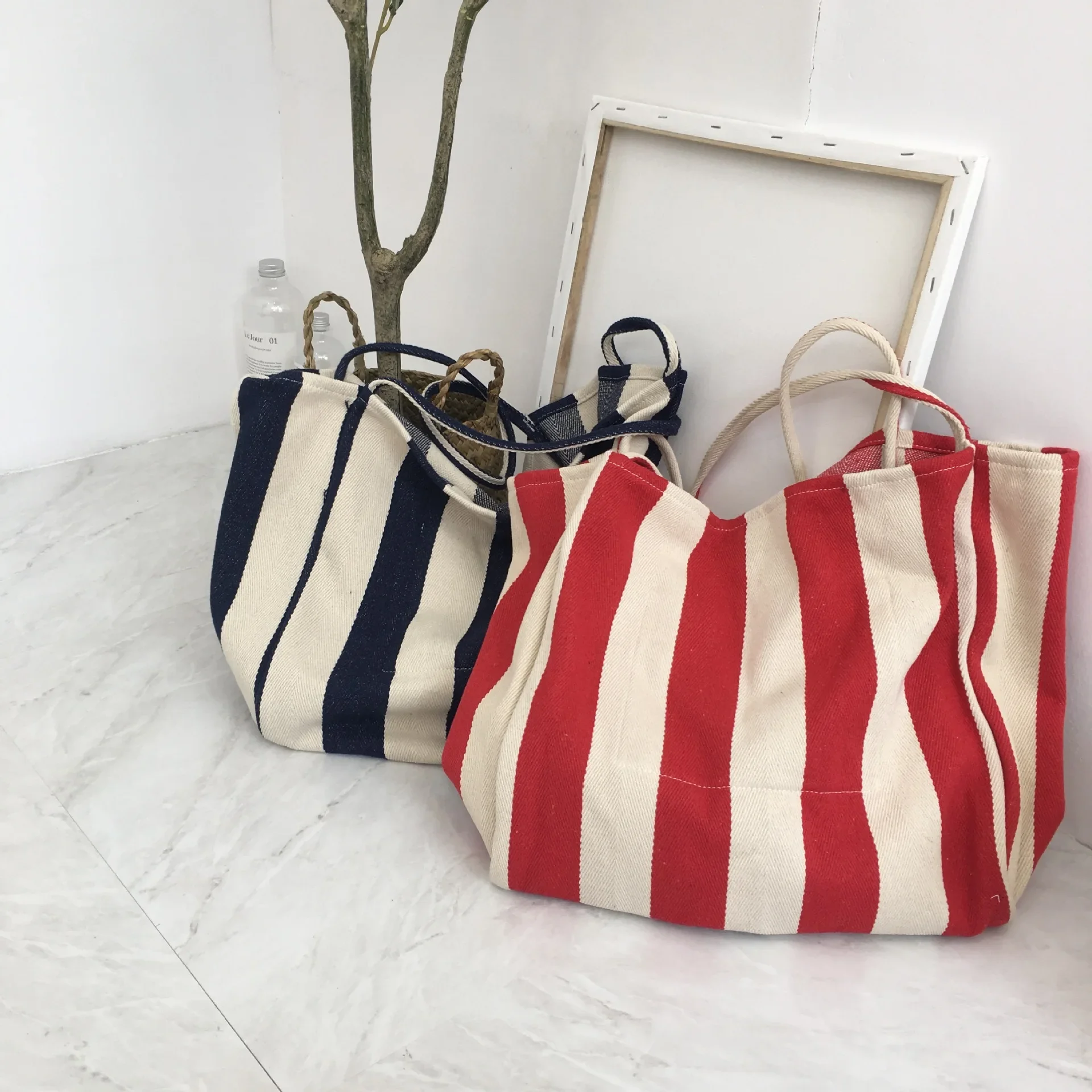 Sacola listrada grande para mulheres, lona casual, bolsa de ombro, bolsas de grife, bolsas de deslocamento femininas, bolsas Eco Shopper, nova