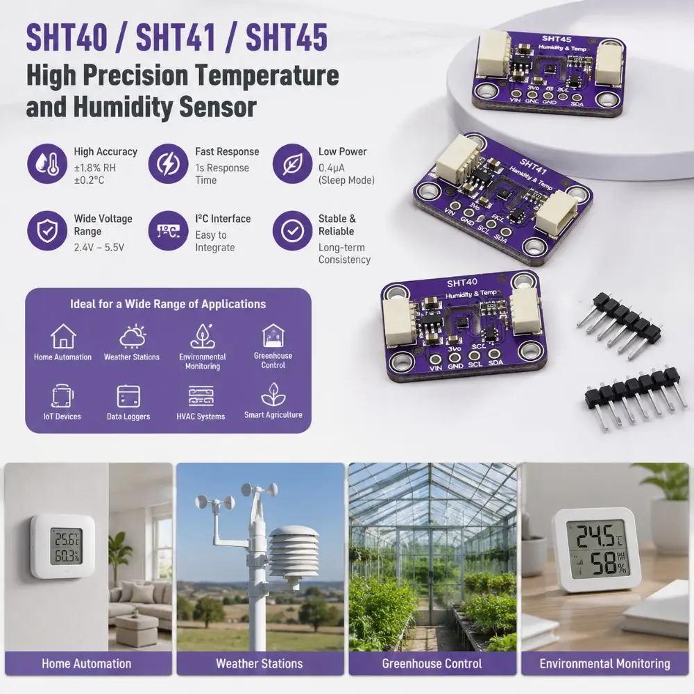 SHT40 SHT41 SHT45 Temperature Humidity Module IIC I2C 3.3V-5V Humidity Monitoring Sensor Low Power for QWIIC