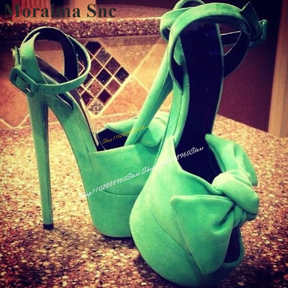 

Green Flock Bowknot Decoration Platform Sandals Thin High Heel Women Shoes Ankle Buckle Strap Peep Toe 2024 Zapatos Para Mujere