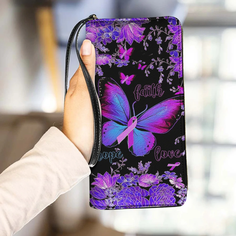 

Ladies Wallet Leather Coin Purse Purple Women's Wallet Breast Cancer Awareness Butterflies Print Wristlets Card Passport Holder