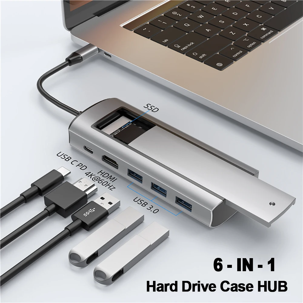 USB C HUB Type-C To USB Adapter 6 in 1 Docking Station M.2 SSD SATA Case 4K 60Hz HDMI-Compatible PD 100W USB 3.0 Splitter