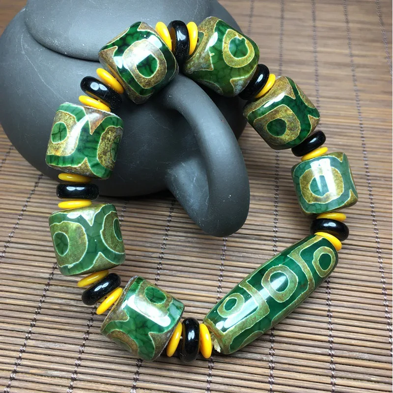 Tibet Three Six Nine Eyes Green Turtle Pattern Old Agate round with Beads Bracelet Ornament Tips