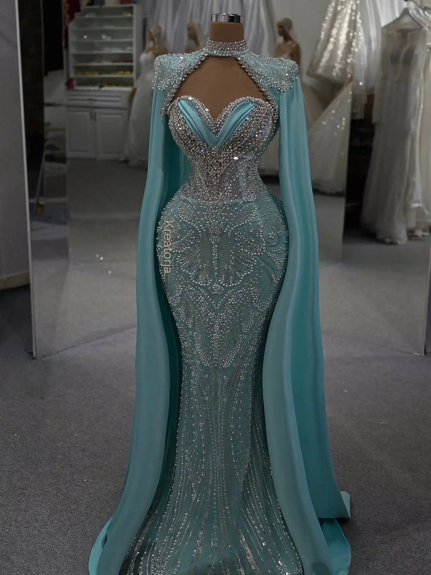 engagement dresses arab 1-Sharon Said Luxury Dubai Blue Mermaid Muslim Evening Dresses With Cape Sleeves Arabic Women Wedding Engagement Party Gow-Description