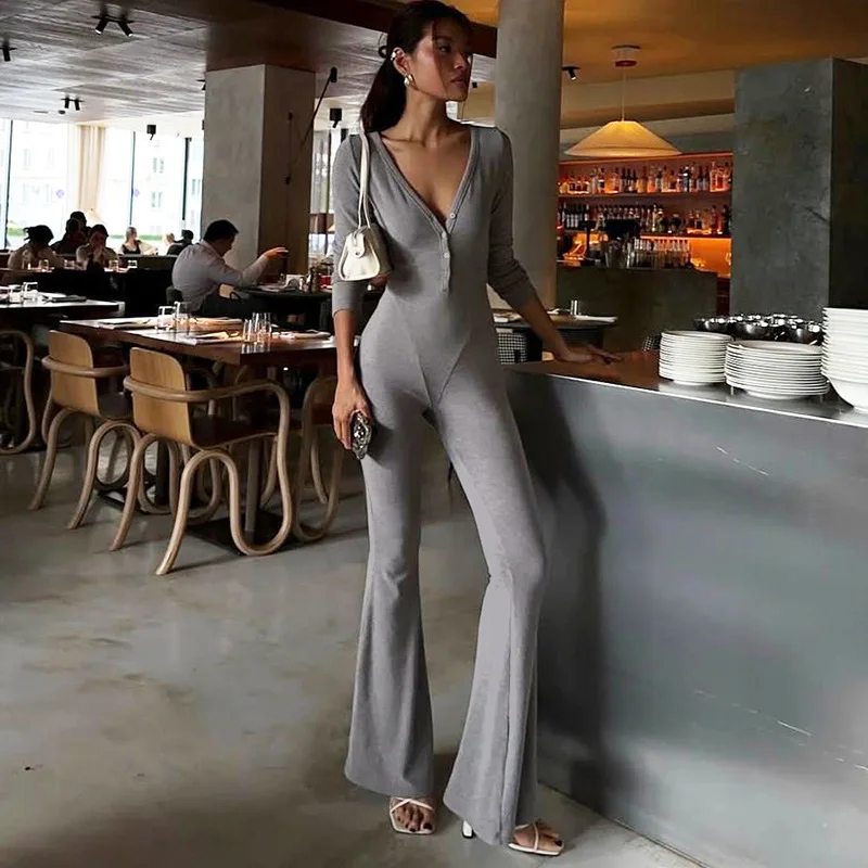 

High Waist Flared Pants Pure Color V Ne Buttoned Long Sve Autumn New Arrival Women's Faion Tight Fit Jumpsuit
