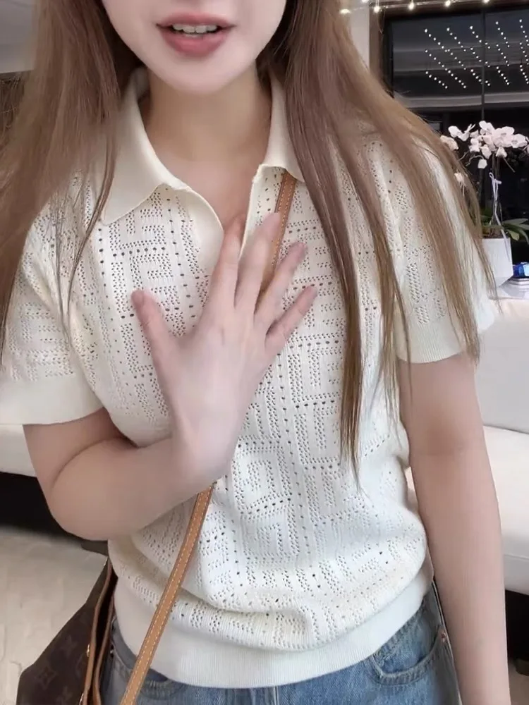 Branco jacquard malha camisola t feminino 2025 verão elegante chique moda senhoras topos malhas manga curta oco para fora jumpers