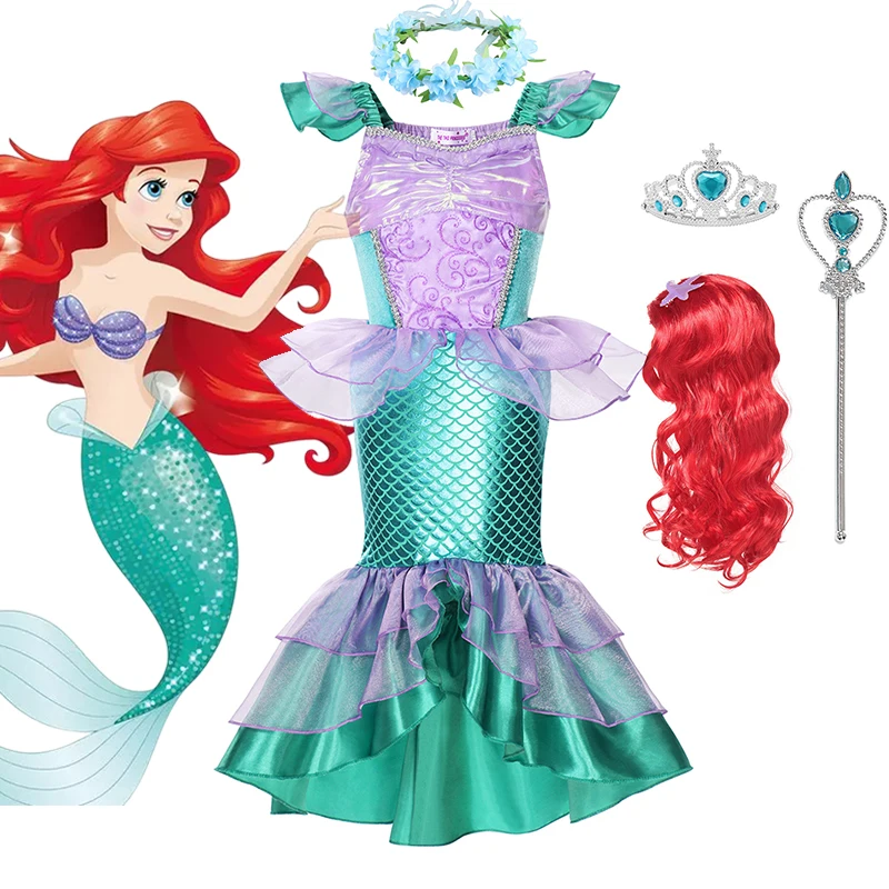 Girl Princess Little Mermaid Ariel Dress Kids Cosplay Costume Children Ruffle Birthday Party Clothes Summer Dress Girl