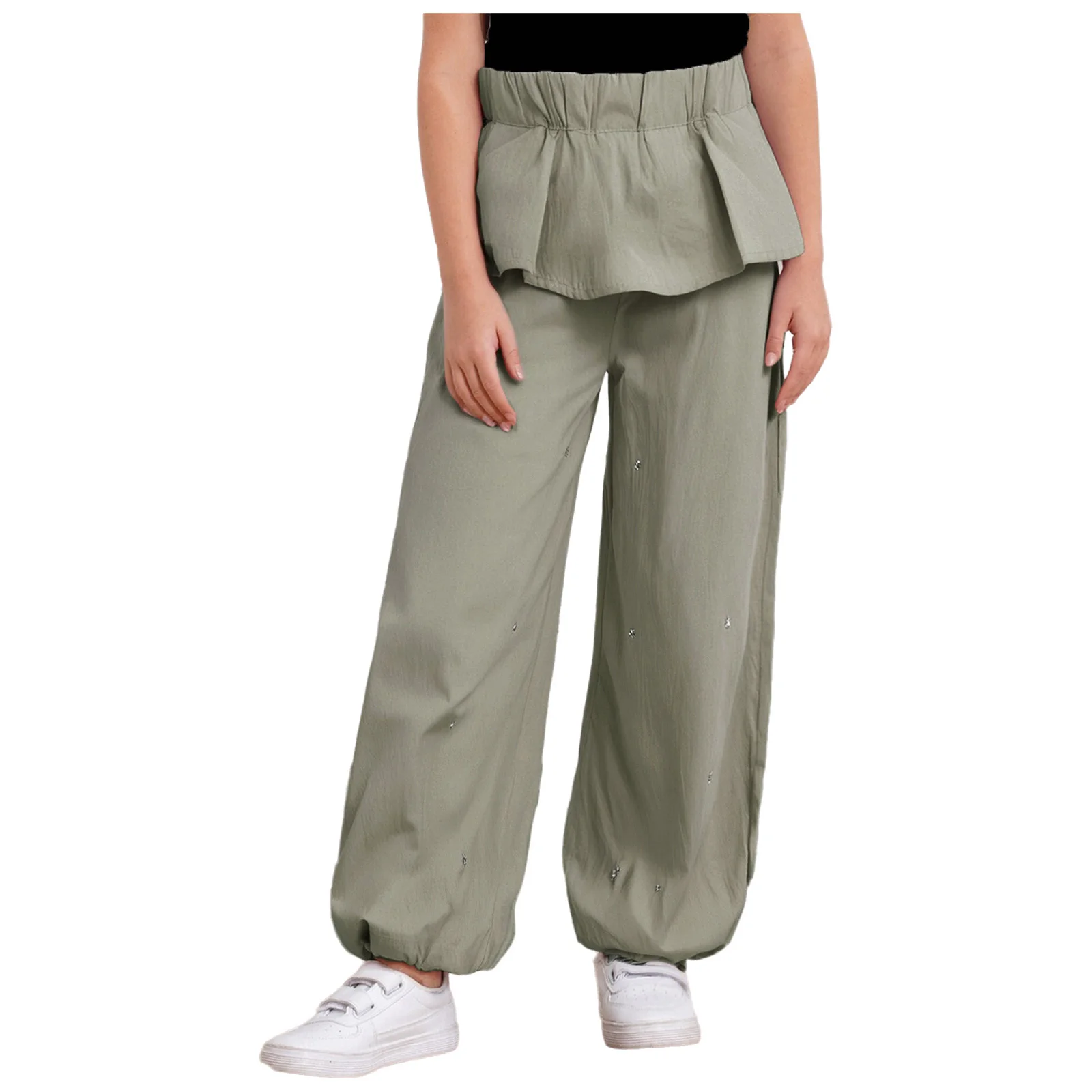 

Kids Girls Casual Cargo Pants Cute Bowknot Peplum Wide-Leg Pants High Waist Star Studs Trousers for Picnic School Holiday Sport