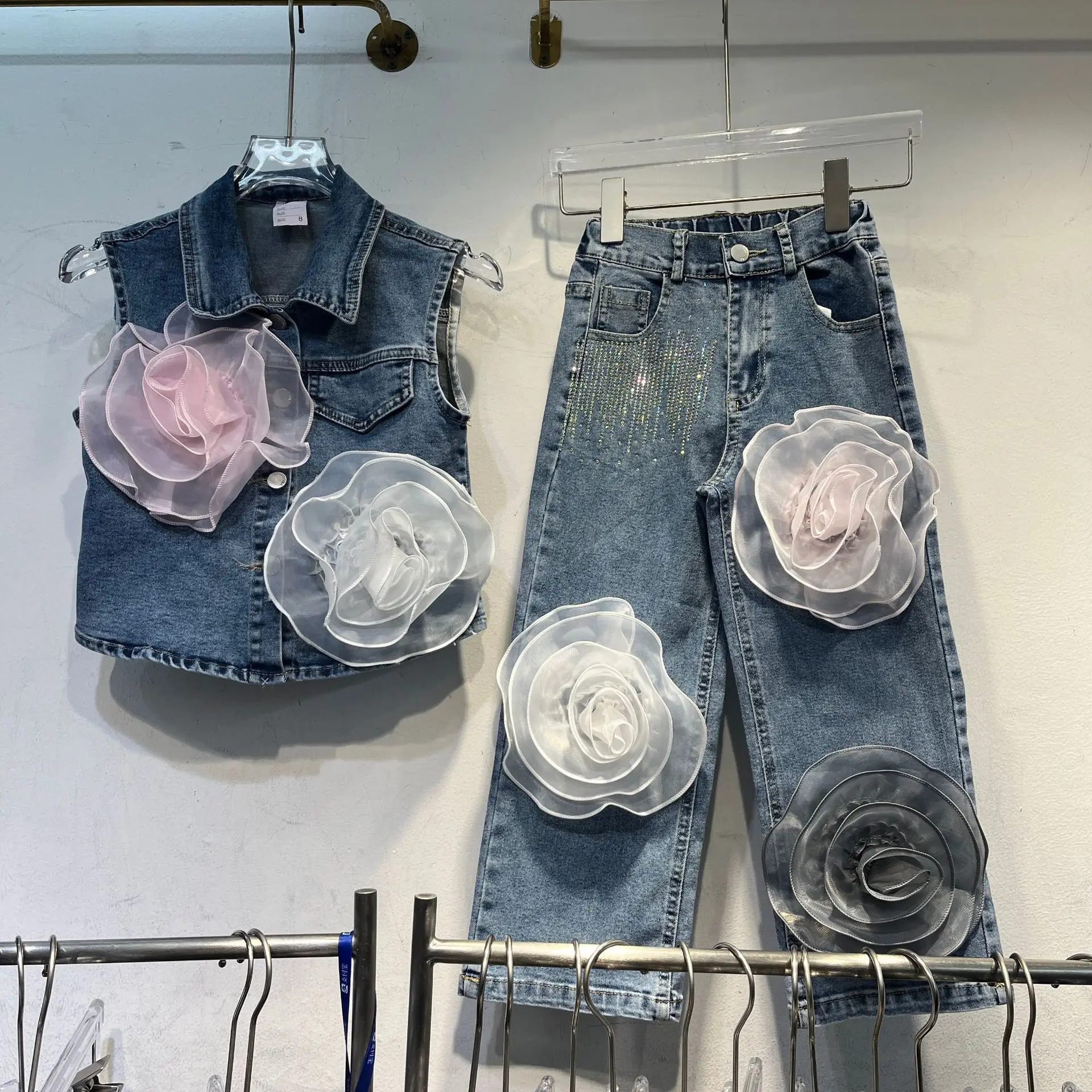 

Denim Washed Women Vest Turn Down Collar Sleeveless Pant Sets Jeans Straight Ankle Length Trousers Single Breasted Loose