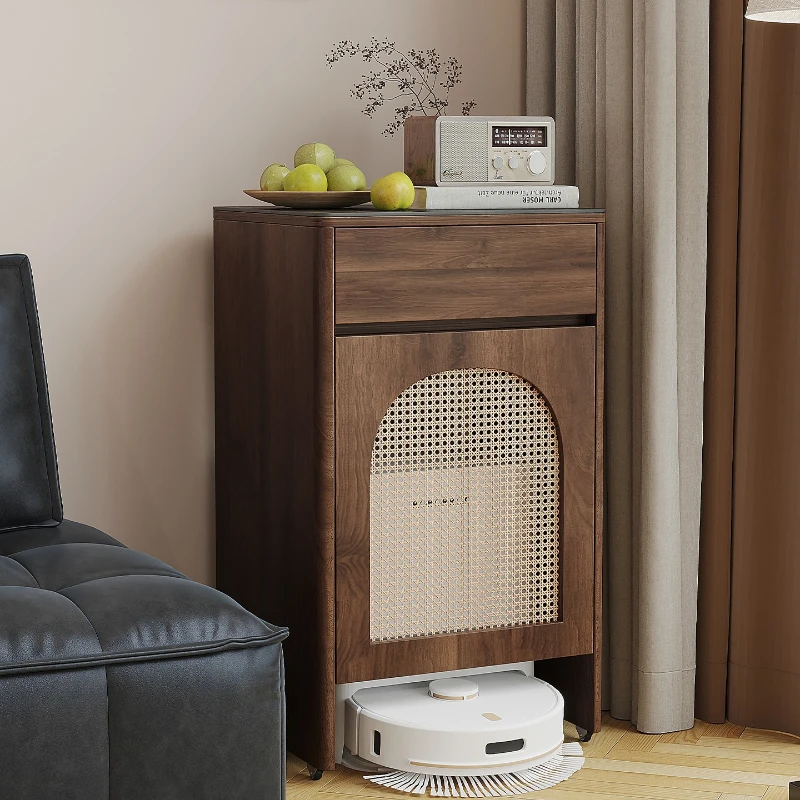 Sweeping robot, locker, living room, sofa side cabinet, rattan rack, empty base station, and storage cabinet above.