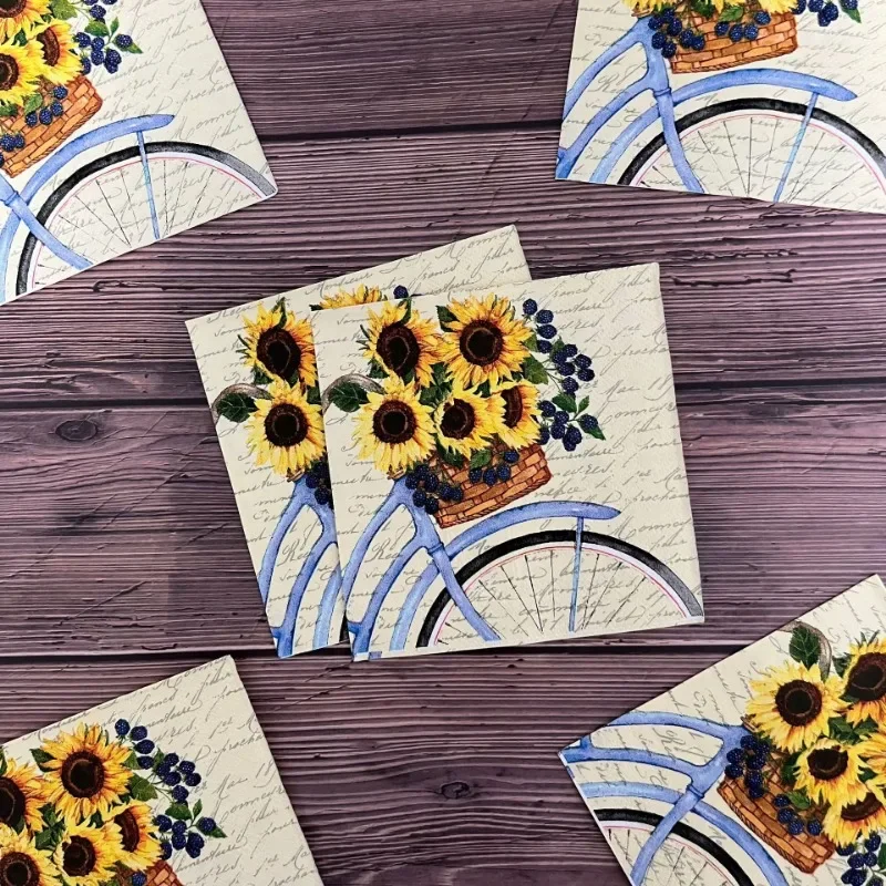 Servilletas de papel con estampado de bicicleta de girasol, manteles individuales de colores, suministros de decoración para fiestas, 20 piezas, 25x25cm, 3 capas