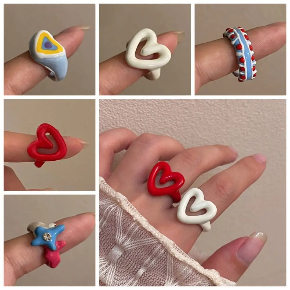 Y2K Enamel Heart Ring Chunky Jewelry Alloy Dripping Oil Finger Buckle Korean Style Minority Design Geometric Ring Decoration