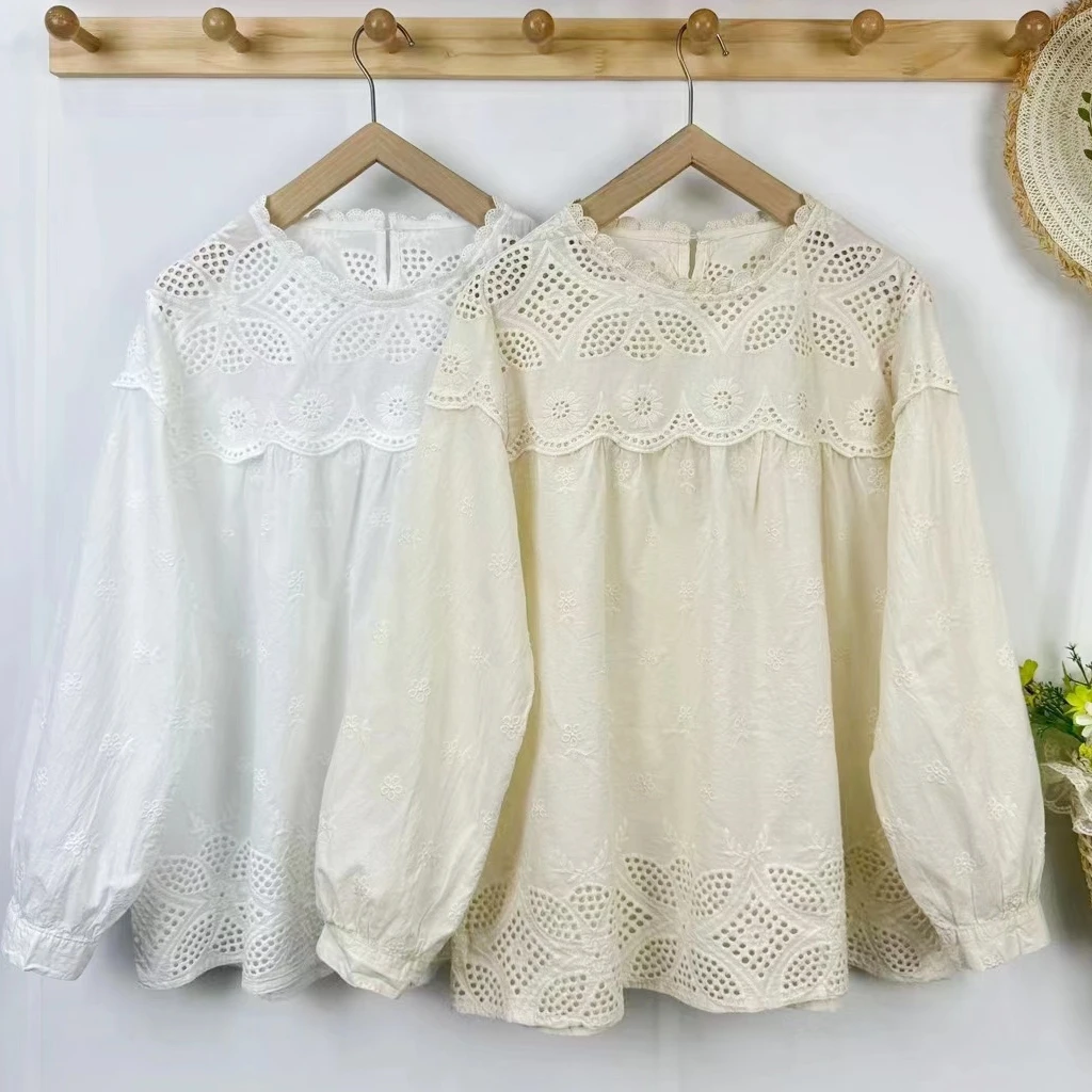 Vintage Cotton Eyelet Lace Hollow Out Patchwork Long Sleeve Blouse Retro Chic Cottage Core Rococo Victorian Elegant Tunic Tops