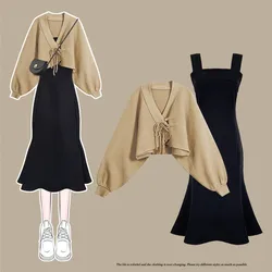 Women's Autumn Winter Fashion Knitted Sweater Coat+Strap Dress Two Piece Korean Elegant Short Cardigan Midi Skirt Matching Set