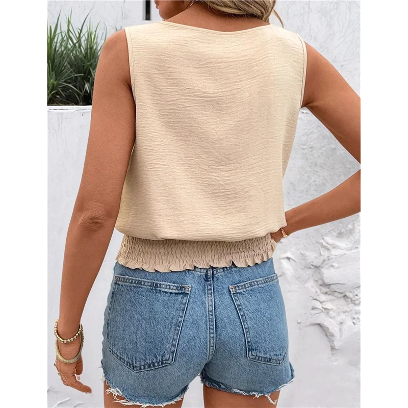 المرأة طاقم الرقبة المحاصيل تانك القمم لطيف الصيف بلا أكمام Smocked القمم-A55G