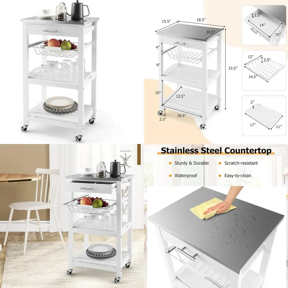 

Тележка на колесиках кухонного острова со столешницей из нержавеющей стали, ящиком и металлической корзиной для сервировки и хранения вещей