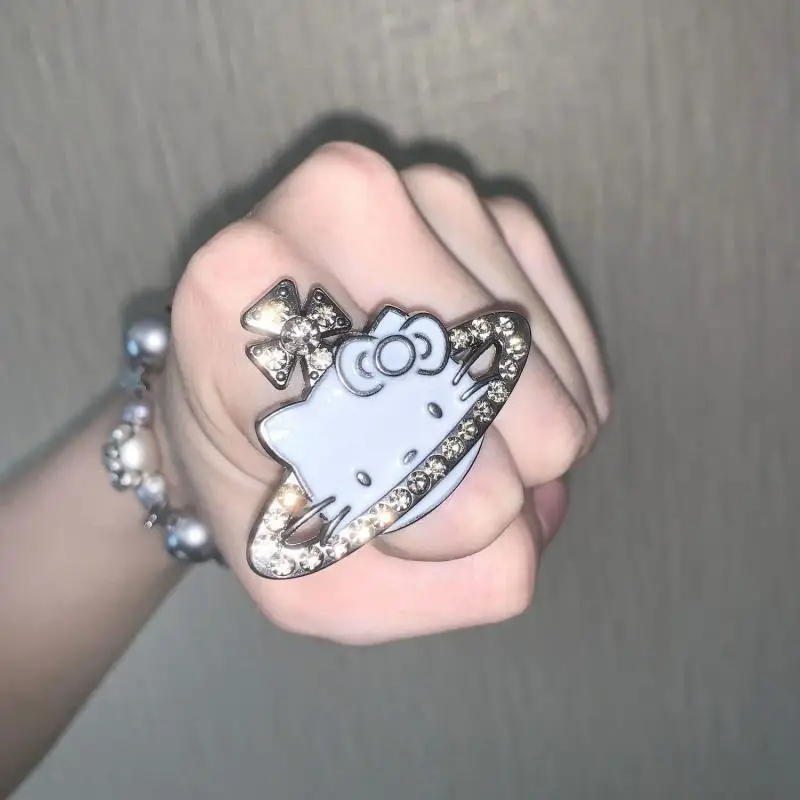 

2025 Y2K Subculture Saturn Hello Kitty Sparkling Diamond Adjustable Size Ring Girl's Jewelry Decorative Toy Valentine's Day Gift