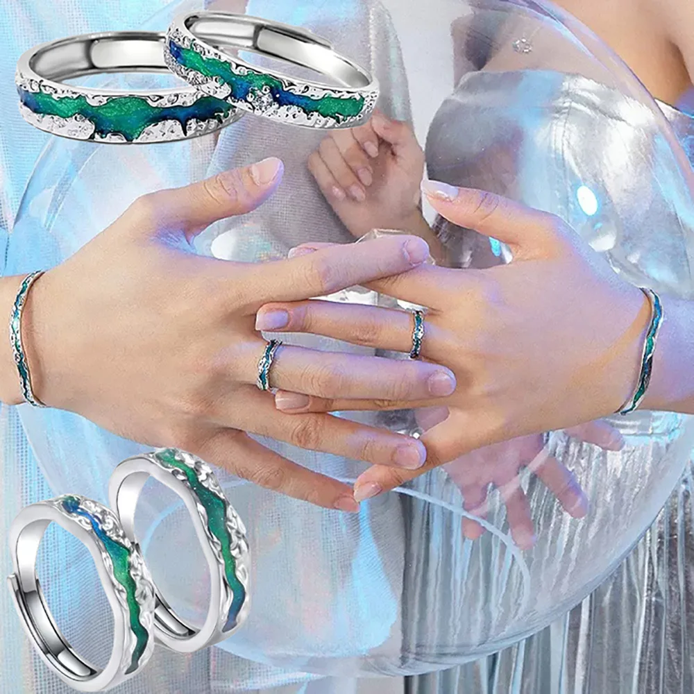 Mountain & River Adjustable Couple Ring Copper Plated Platinum Enamel Dreamy Blue Baked Starry Sky Wholesale Drop Shipping