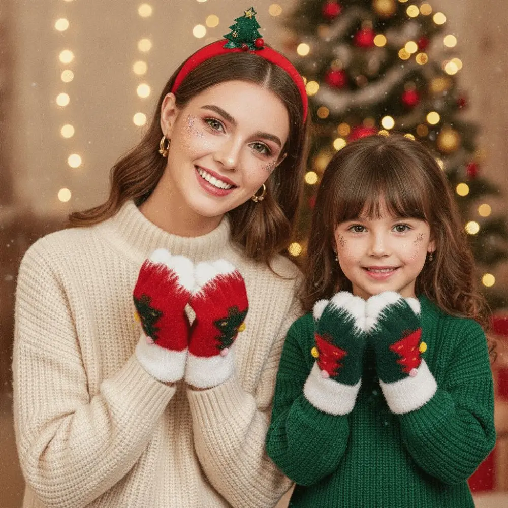 Red Green Christmas Gloves Knitted Woolen Cuff Winter Knit Mittens High Quality Double Colored Touchscreen Full Finger