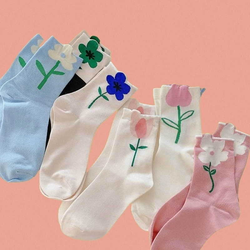 

6/12 Pairs High Quality Girls Long Socks Summer Thin Middle Tube Tulip White Small Flower Socks Women's Middle Tube Socks