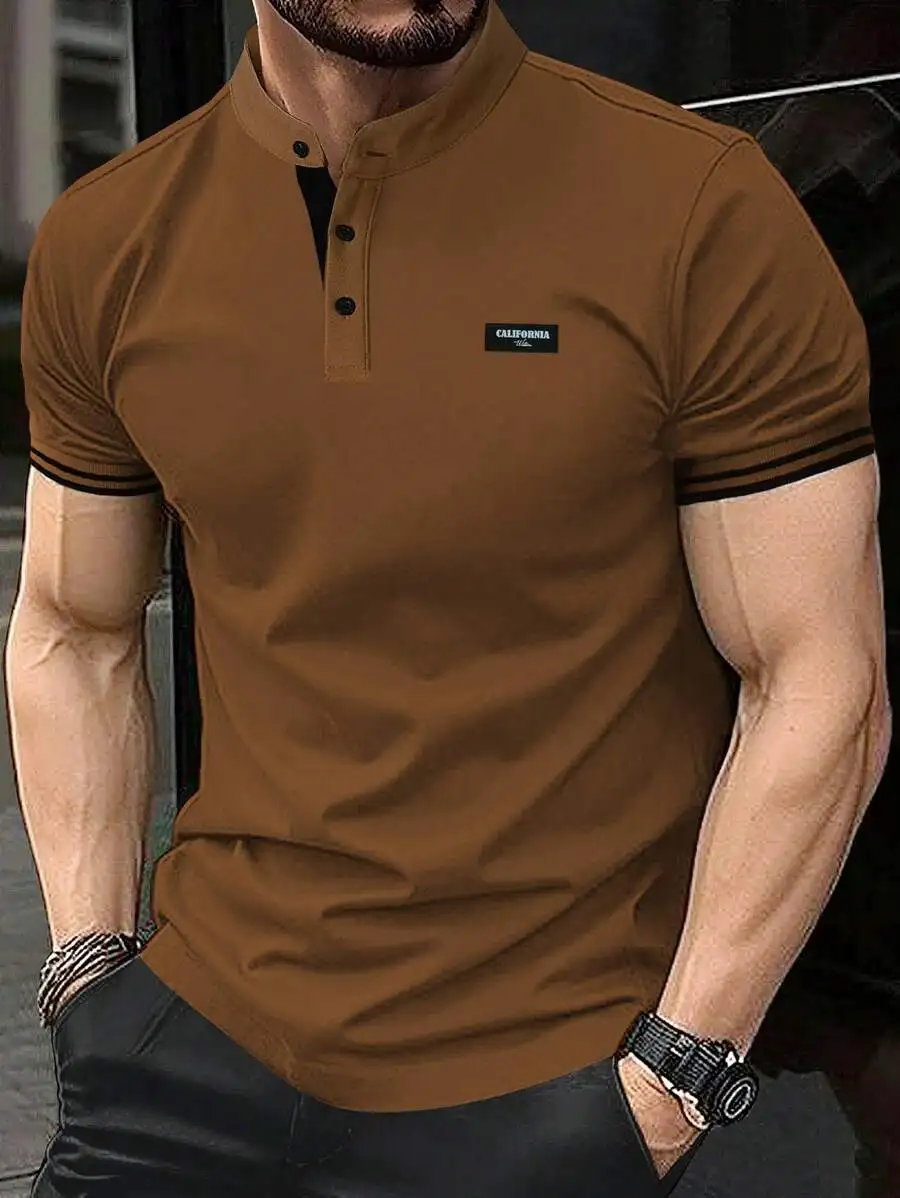 

Men's Short Sleeve Stand Collar Polo Shirt with Button Placket