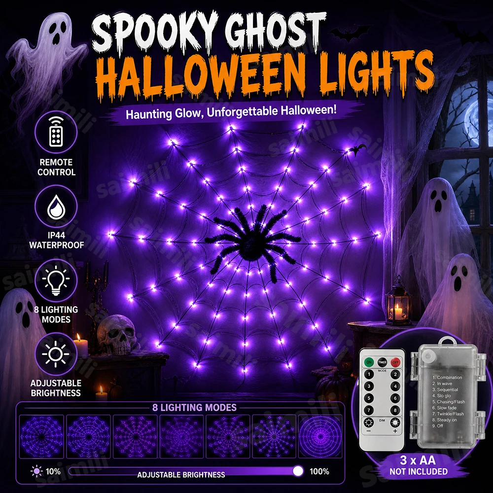 Halloween Spider Web LED String Lights Remote Control 8 Modes Waterproof For Indoor Outdoor Holiday Party Atmosphere Decor