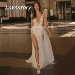 Sexy Beach Wedding Dresses Lace Backless Appliques Bride Robe Side Split Bow Bridal Gowns Spaghetti Straps New Vestidos De Noiva
