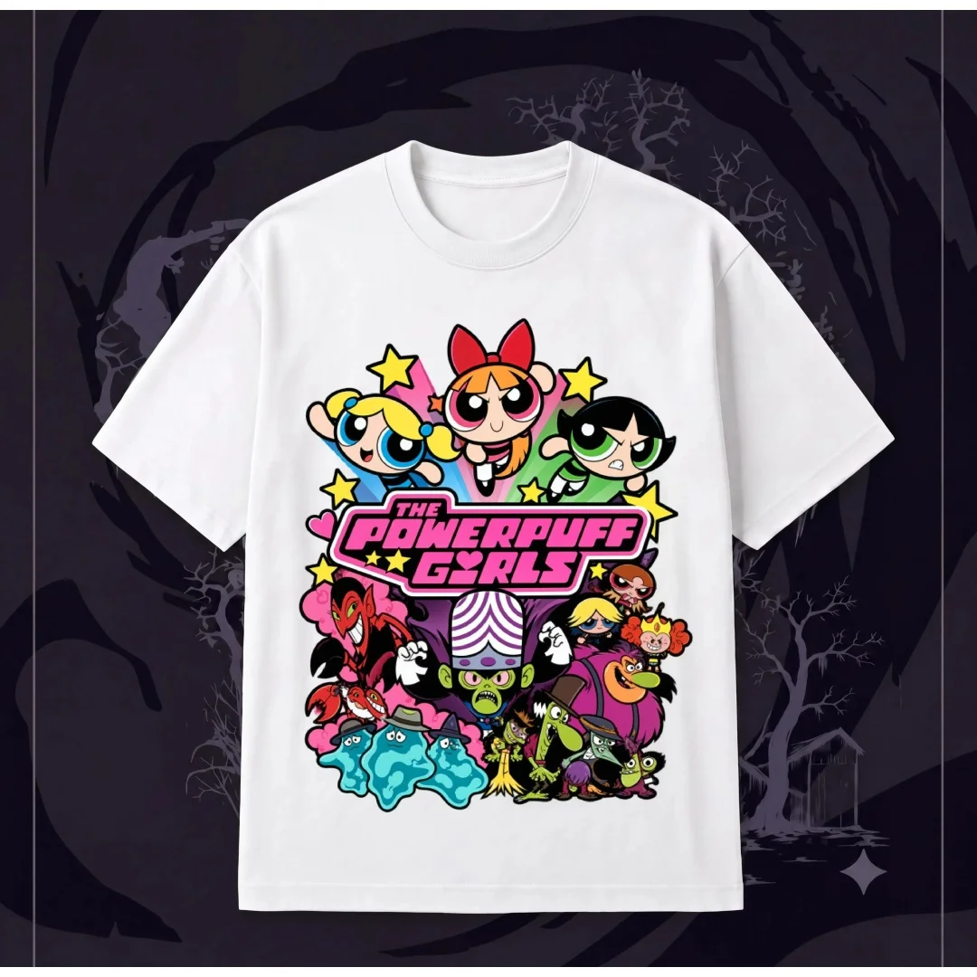 T-Shirt mit Powerpuff-Girls-Cartoon-Print für Männer, Frauen und Kinder, Vintage-Design, Oversized-Schnitt, kurzärmelig, Gruppen-Grafik, Streetwear-T-Shirt. – Detail 4