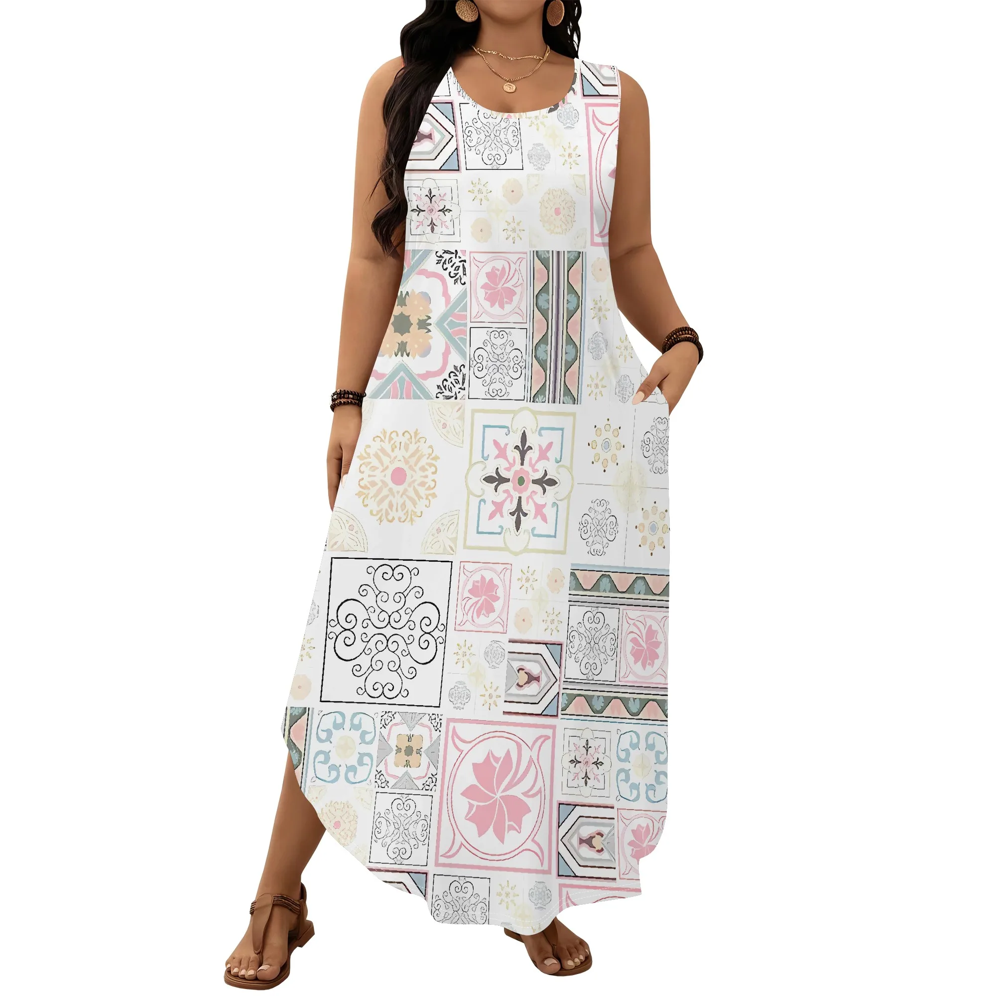 EQQZD 플러스 사이즈 민소매 와이드 숄더 스트랩 드레스, 여성용 현대 보헤미안 패치워크 맥시 드레스