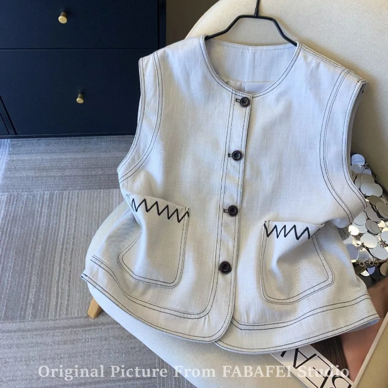 Women Clothes Spring Summer Fashion Button Solid Color O-neck Female Old Money Style Cowboy Loose Appear Thin Sleeveless Vest
