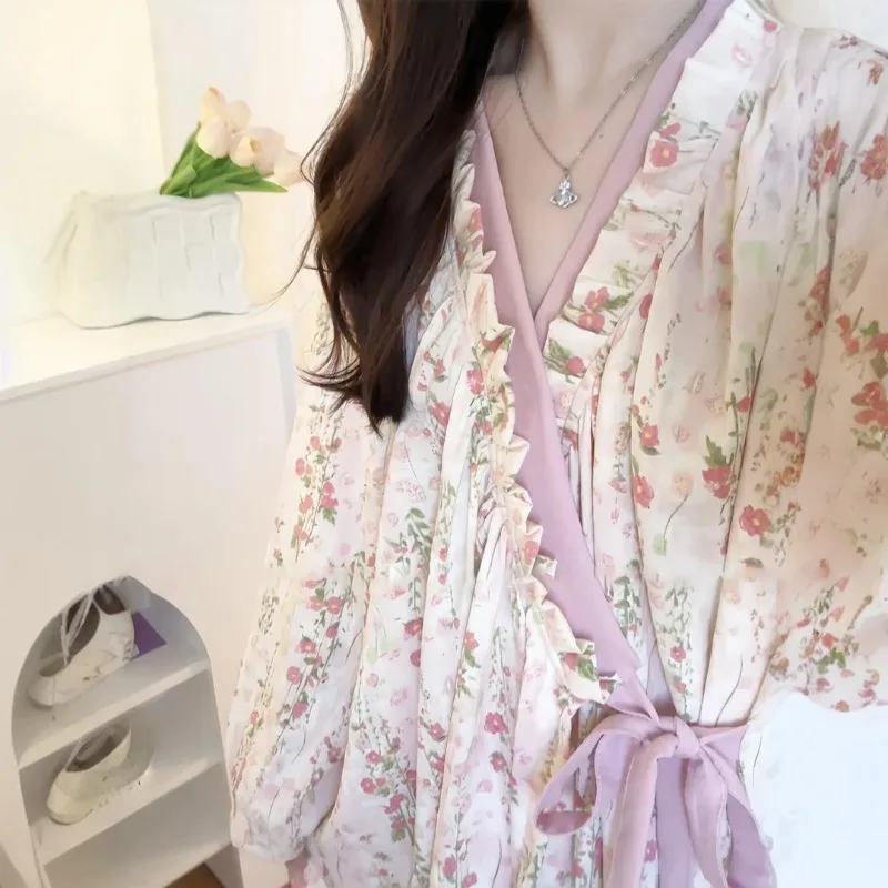 New Ladies Spring Autumn Printed Long Robe Soft Skin-Friendly Bathrobe Girls Students Silky Casual Loungewear Nightgown Women