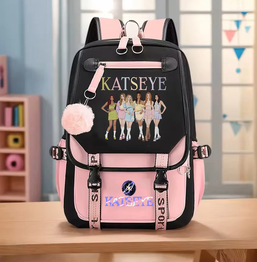 Girl Group Katseye Print Backpack Large Capacity Women Rucksack Usb Outdoor Travel Bags Beautiful Chaos Tour Students  Schoolbag