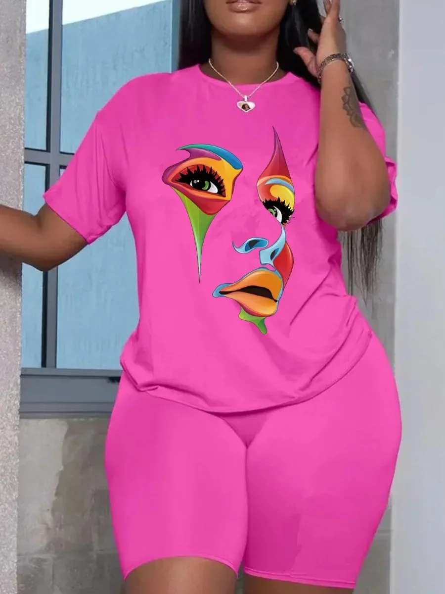 Women\'s Suits Summer Casual Short-sleeved Tops and Pants Suit Printed Human Face Plus Size Two Piece Sets Womens Outifits