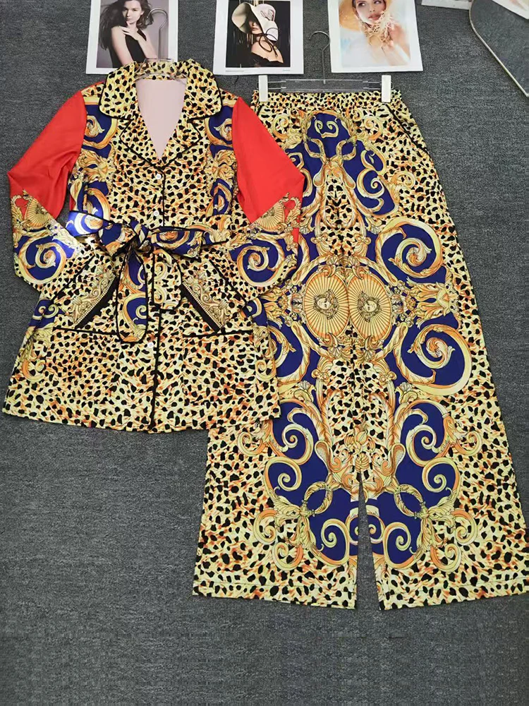 

Fashion lapel long-sleeved lace-up waist jacket autumn new two-piece high waist wide-leg trousers casual printed women's suit