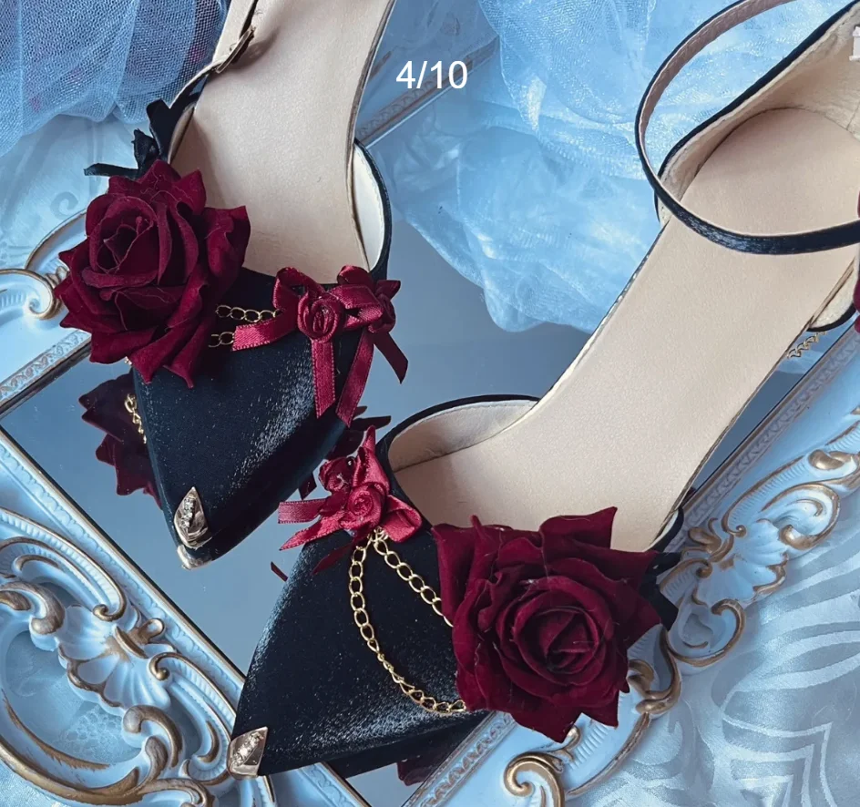 Black Red Gothic Lolita Shoe Wedding Lolita High Heels For Ladies Rose pointed toe dress shoes for womenluxury shoes sss grade