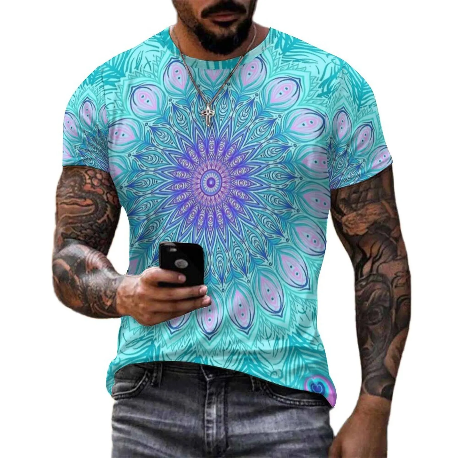 Peacock Feather Mandala Print T-Shirt For Men Graphic O Neck T Shirts Beach Popular Tops Short Sleeve Casual Plus Size Tee Shirt