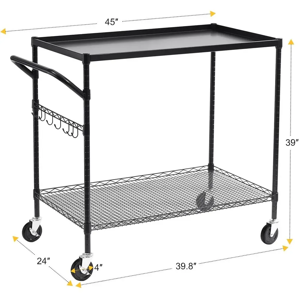 헤비듀티 2단 메탈 카트, 1000파운드 용량, 상업용 이동식 보관함, 24 x 45 x 39, 블랙