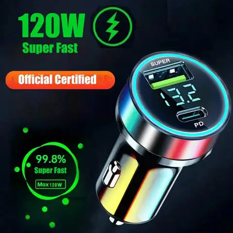 PD 20W 차량용 충전기 유형 C USB 휴대용 120W 초고속 충전 어댑터, iPhone 14 Pro Max, Huawei 차량용 라이터 분배기