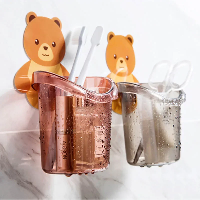 2pcs Cute Bear Pattern Wall Mounted Toothbrush Storage Rack Bathroom Multifunctional Toothbrush Container Bathroom Accessories