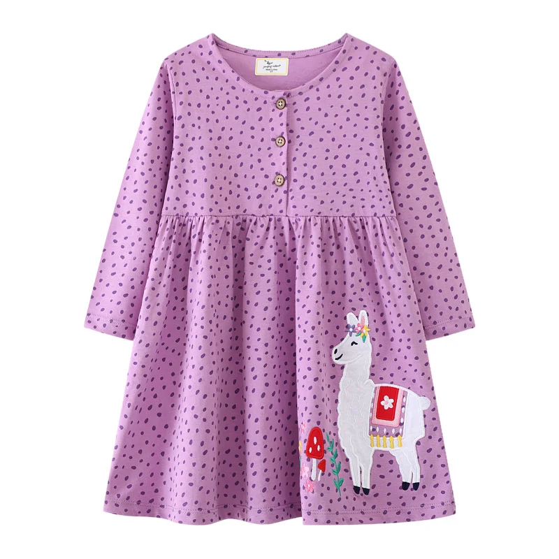 

Jumping Meters 2-7T Alpaca Long Sleeve Embroidery Princess Girls Dresses Animals Applique Children's Clothes Party Kids Frocks