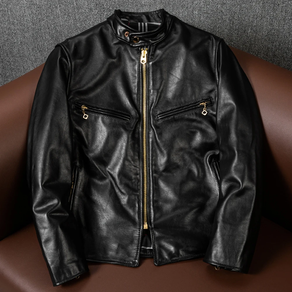 layer Top Classical Men Leather Black Slim fit Fashion Stand Collar Horsehide Classic Jacket