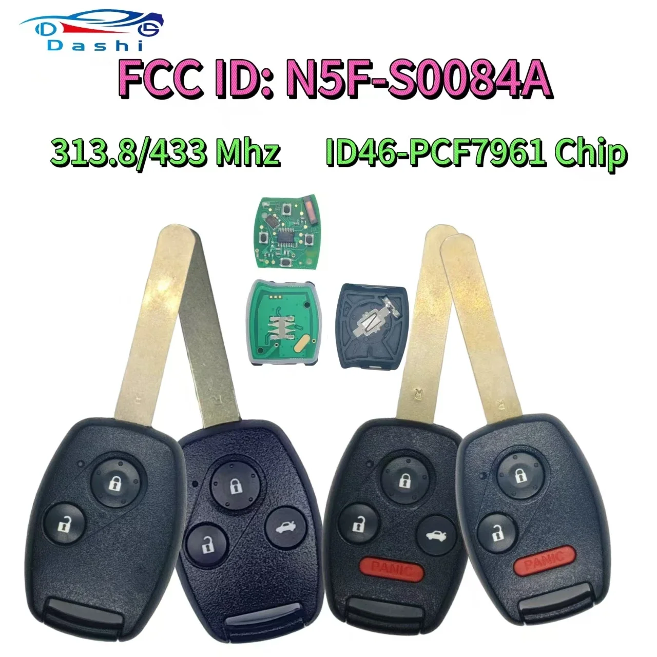 Da Shi-Car Key Fob Shell for Honda Accord 2003, 2004, 2005, 2006, 2007, N5F-S0084A, 433/313.8MHz, ID46 Chip, New