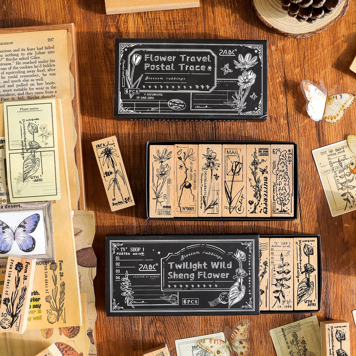 6pcs/Box Exquisite Floral Wooden Stamps,Beautifully Patterned Diy Rectangular Stamps,for Handmade Art Journal Diy Decorations