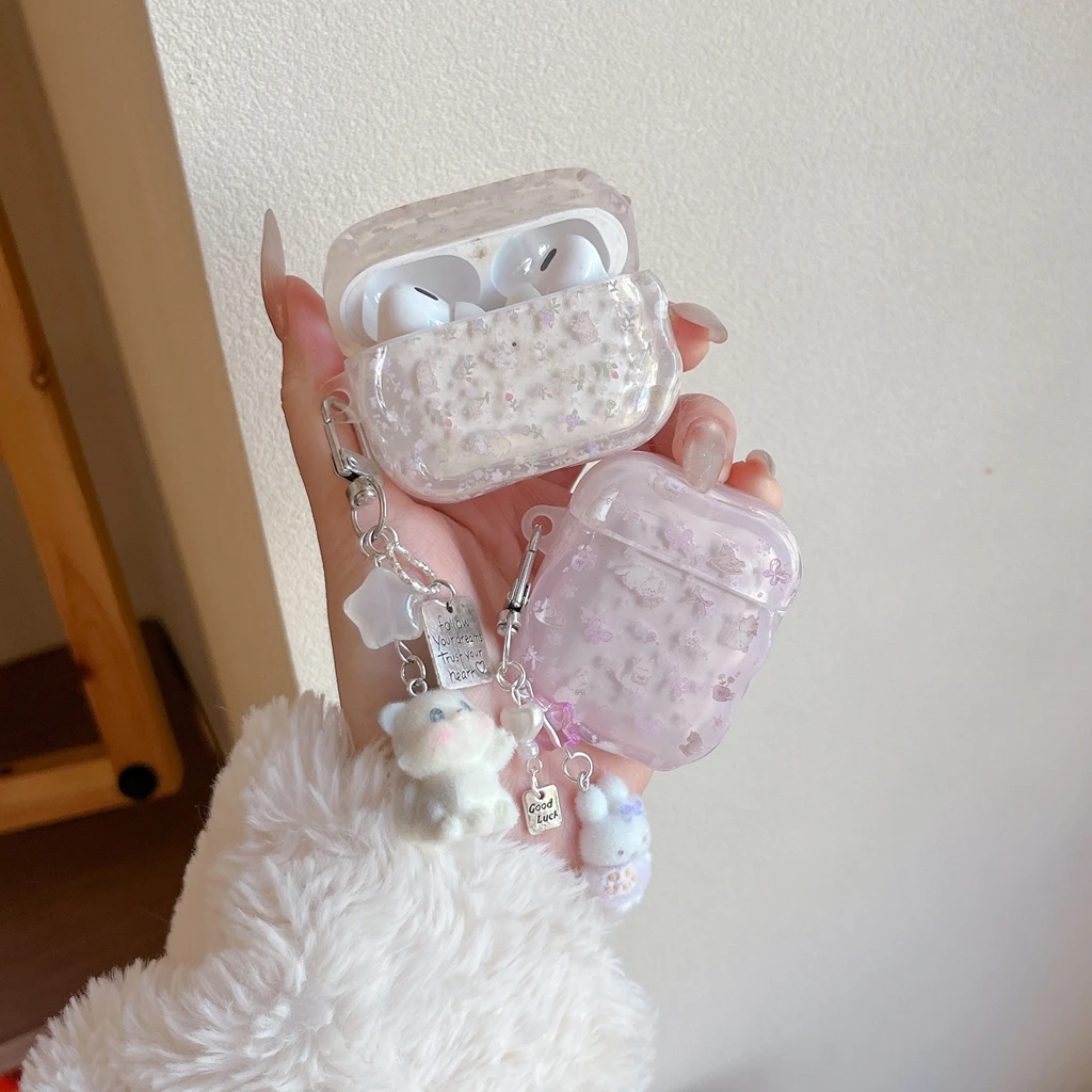 Cartoon Healing Sweet Fresh Little Flower Rabbit Wavy Edge With Pendant Earphone Case Cover for AirPods 1 or 2 3 4 Pro 2 Pro 3 - view 3