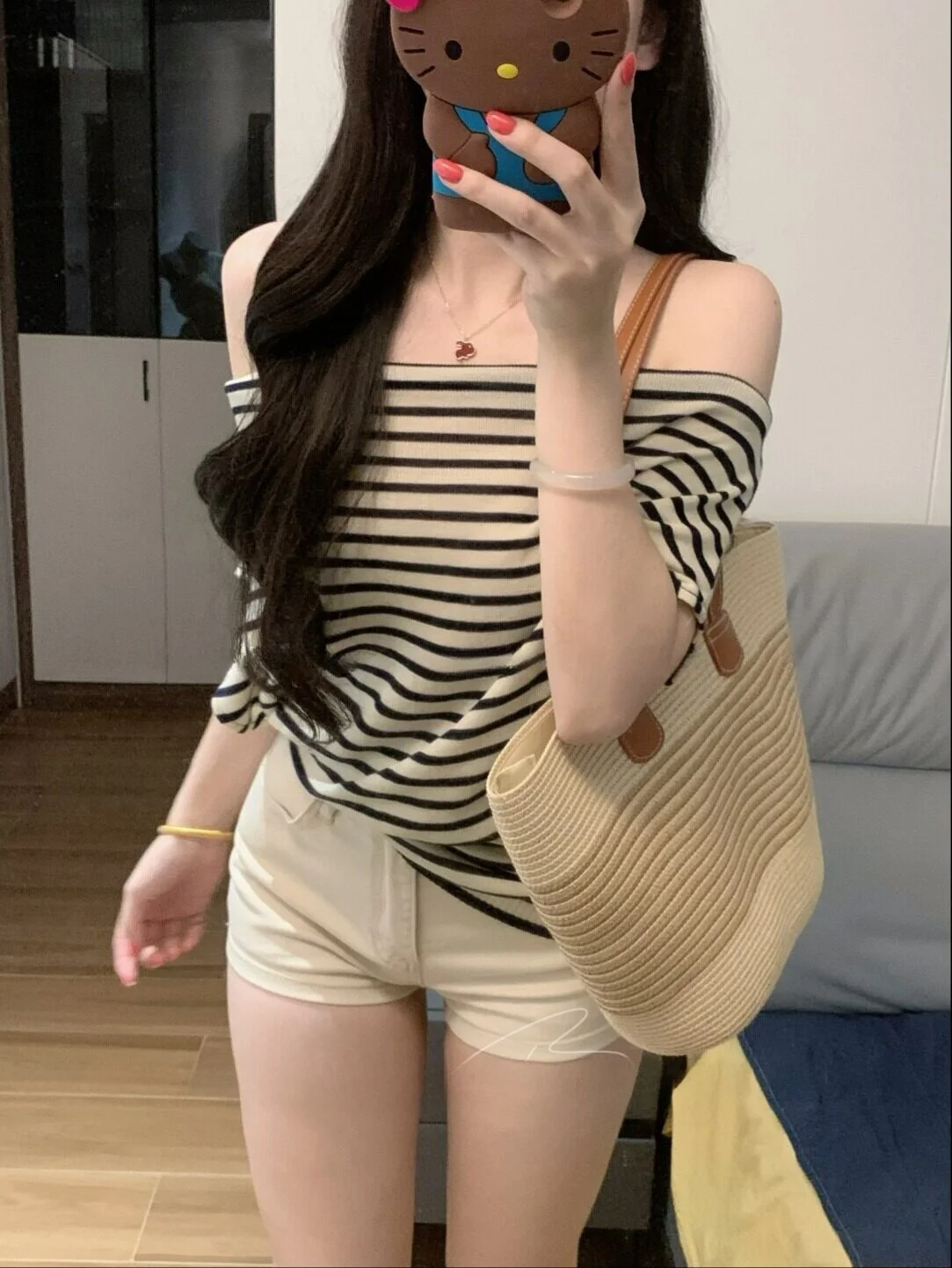 

Корейские классические полосатые джинсовые шорты в стиле Lazy Style с асимметричным плечом, коротким рукавом, высокой талией, для женщин, летние, универсальные, стройнящие