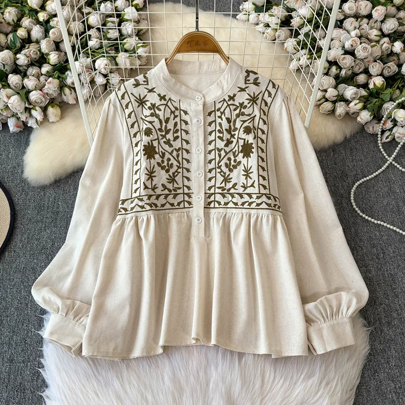 Women's Autumn Blouse Korean Version Embroidered Fashionable Small Shirt Showing Slimming Temperament Long Sleeved Top BL024